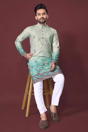 Mint green rayon crochet printed kurta for men