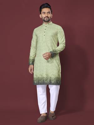 Green poly rayon crochet printed kurta for men 1