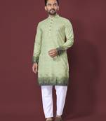 Green poly rayon crochet printed kurta for men