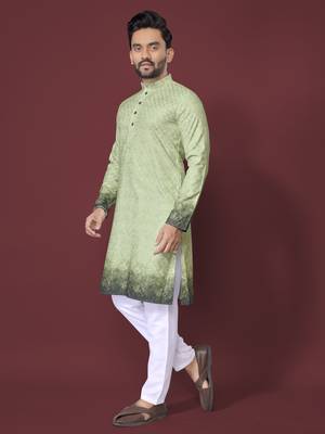 Green poly rayon crochet printed kurta for men 2