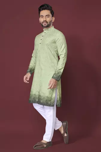Green poly rayon crochet printed kurta for men