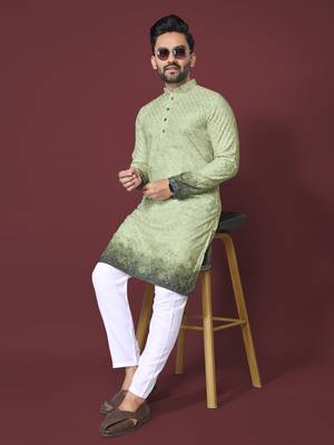 Green poly rayon crochet printed kurta for men 4