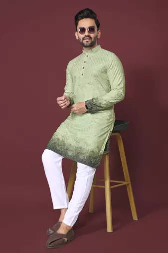 Green poly rayon crochet printed kurta for men