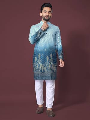 ombre blue poly rayon crochet printed kurta for men 1