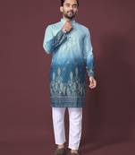 ombre blue poly rayon crochet printed kurta for men
