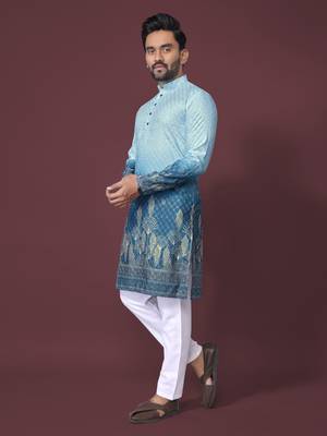 ombre blue poly rayon crochet printed kurta for men 2