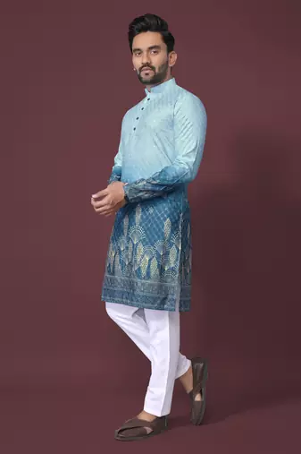 ombre blue poly rayon crochet printed kurta for men