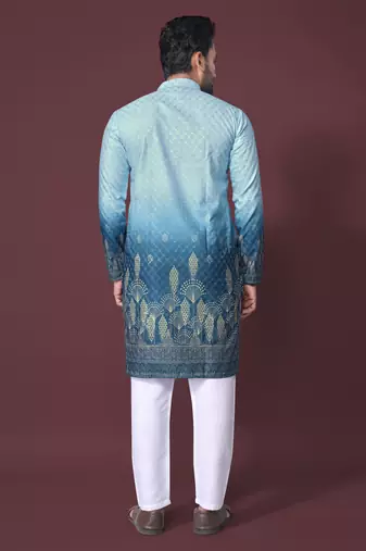 ombre blue poly rayon crochet printed kurta for men