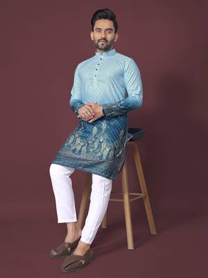 ombre blue poly rayon crochet printed kurta for men 4