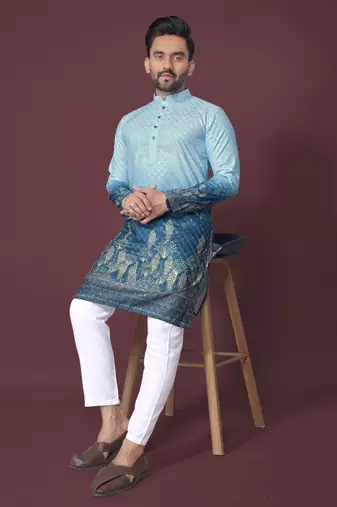 ombre blue poly rayon crochet printed kurta for men