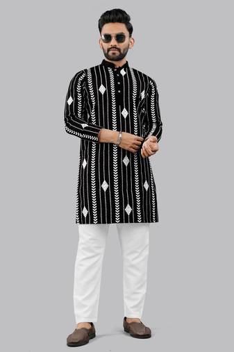 Black embroidery silk kurta for men