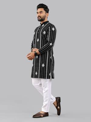 Black embroidery silk kurta for men 2