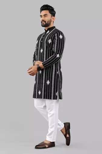 Black embroidery silk kurta for men