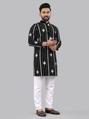 Black embroidery silk kurta for men 3