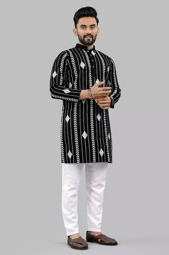 Black embroidery silk kurta for men