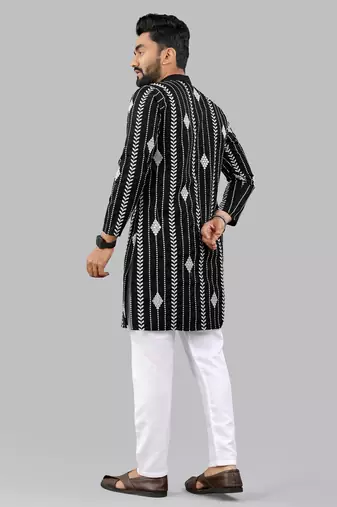 Black embroidery silk kurta for men