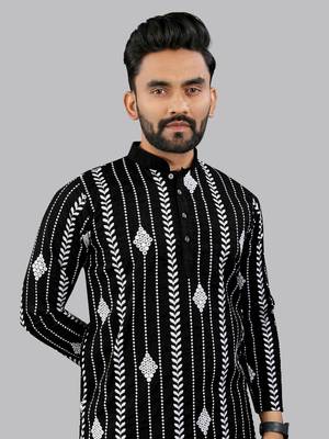 Black embroidery silk kurta for men 5