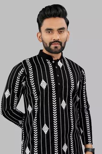 Black embroidery silk kurta for men