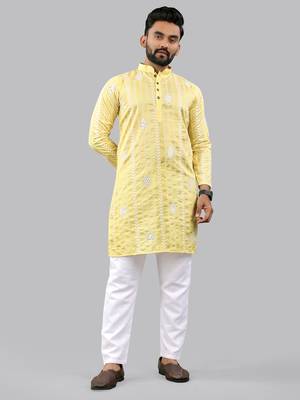 Yellow embroidery silk kurta for men 1
