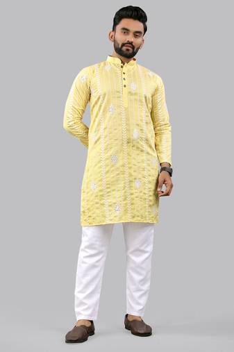 Yellow embroidery silk kurta for men