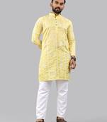 Yellow embroidery silk kurta for men