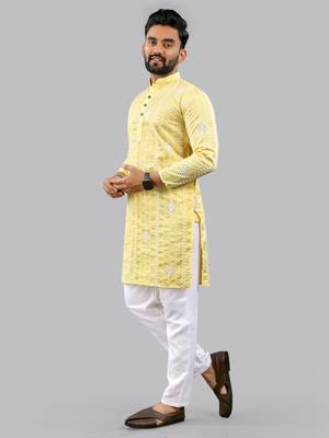 Yellow embroidery silk kurta for men 2