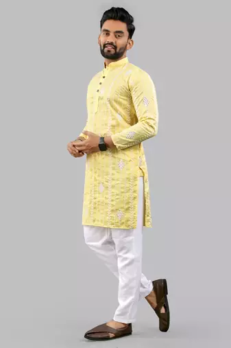 Yellow embroidery silk kurta for men