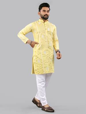 Yellow embroidery silk kurta for men 3