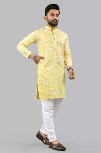 Yellow embroidery silk kurta for men