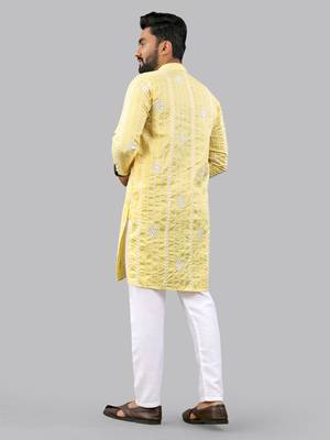 Yellow embroidery silk kurta for men 4