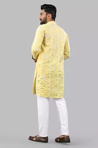 Yellow embroidery silk kurta for men