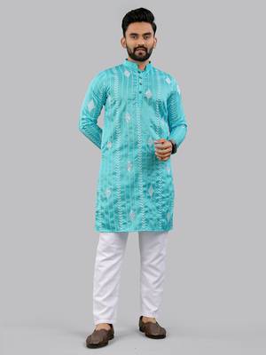 Aqua blue embroidery silk kurta for men 1