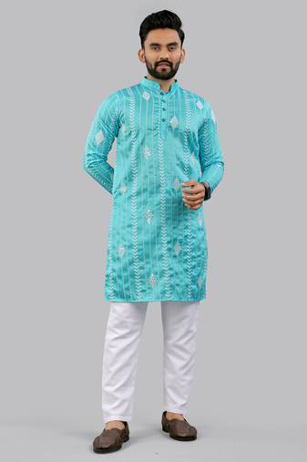 Aqua blue embroidery silk kurta for men