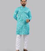 Aqua blue embroidery silk kurta for men