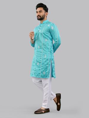 Aqua blue embroidery silk kurta for men 2