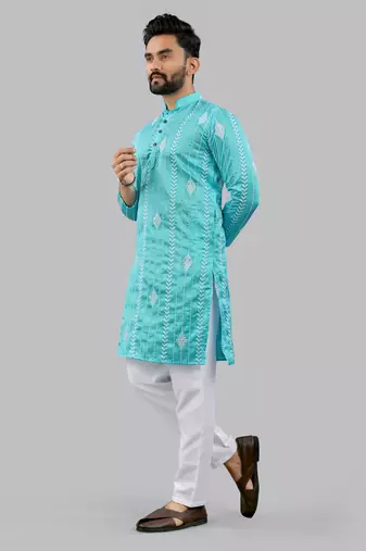 Aqua blue embroidery silk kurta for men