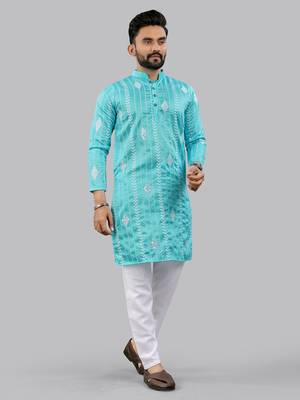 Aqua blue embroidery silk kurta for men 3