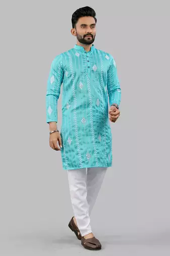 Aqua blue embroidery silk kurta for men