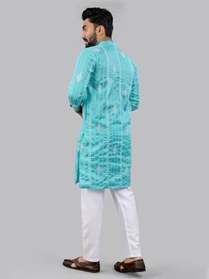 Aqua blue embroidery silk kurta for men 4
