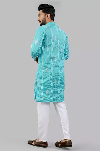 Aqua blue embroidery silk kurta for men