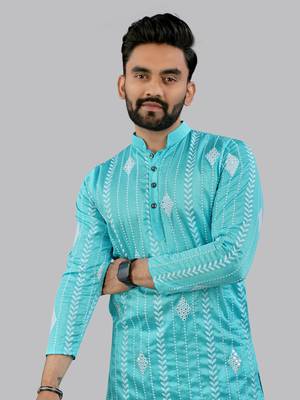 Aqua blue embroidery silk kurta for men 5