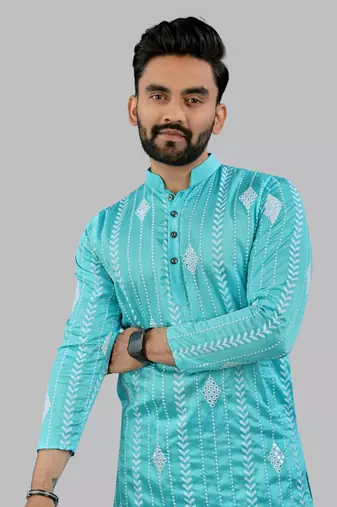 Aqua blue embroidery silk kurta for men