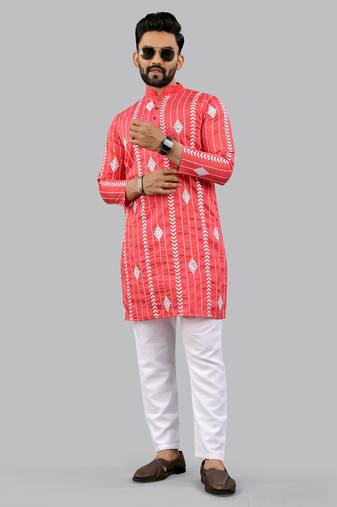 Pink embroidery silk kurta for men