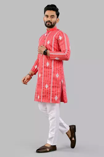 Pink embroidery silk kurta for men