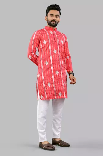 Pink embroidery silk kurta for men