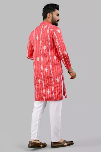 Pink embroidery silk kurta for men