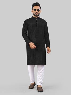 Black jecquard polyster kurta for men 1