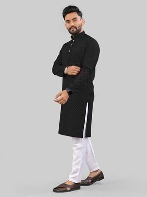 Black jecquard polyster kurta for men 2