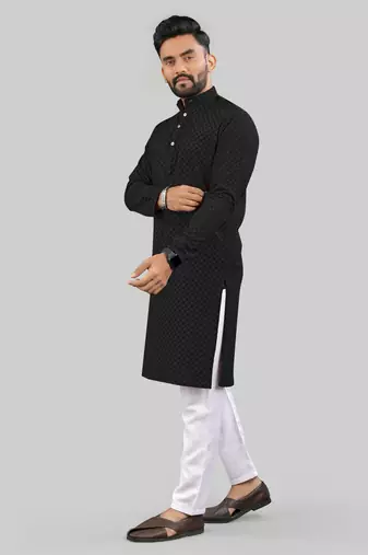 Black jecquard polyster kurta for men