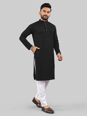 Black jecquard polyster kurta for men 3